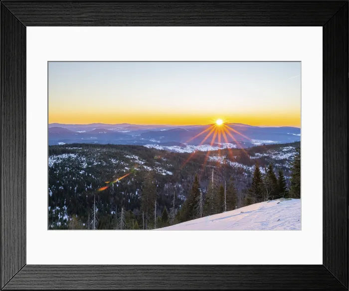 Framed Print : Sunrise over the hills of czech republic from Mount Lusen wth the view over the hills of the bavarian forest in winter, Bavaria, Germany Framed Print : Sunrise over the hills of czech republic from Mount Lusen wth the view over the hills of the bavarian forest in winter, Bavaria, Germany