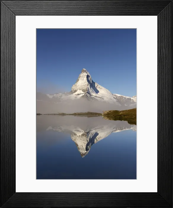 Framed Print : Matterhorn reflected in Lake Stellisee, with fog, Valais Alps, Canton of Valais, Switzerland