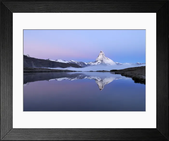 Framed Print : Matterhorn reflected in Lake Stellisee at dusk, Valais Alps, Canton of Valais, Switzerland Framed Print : Matterhorn reflected in Lake Stellisee at dusk, Valais Alps, Canton of Valais, Switzerland