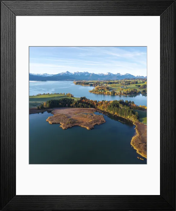 Framed Print : Large lake in autumn surroundings with the Alps in the distance under clear skies, Illasbergsee, Forggensee, near Roßhaupten, Ostallgäu, Allgäu, Swabia, Bavaria, Germany Framed Print : Large lake in autumn surroundings with the Alps in the distance under clear skies, Illasbergsee, Forggensee, near Roßhaupten, Ostallgäu, Allgäu, Swabia, Bavaria, Germany