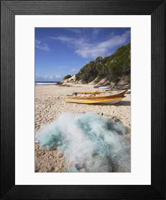 Framed Print : Fishing boats and nets on beach, Tofo, Inhambane, Mozambique, Africa Framed Print : Fishing boats and nets on beach, Tofo, Inhambane, Mozambique, Africa
