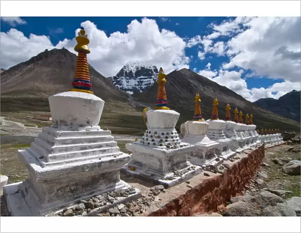 Chortens, prayer stupas below the holy mountain Mount Kailash in Western Tibet