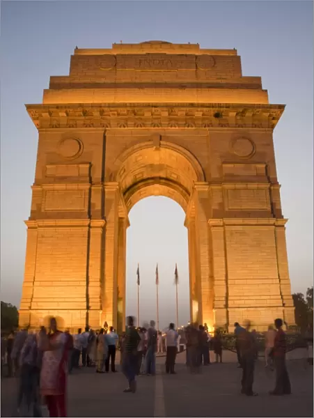 India Gate illuminated in evening, New Delhi, India, Asia