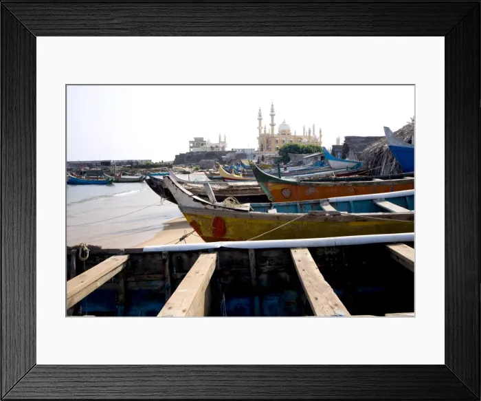 Framed Print : Fishing boats with a mosque in the background, Vizhinjam, Trivandrum, Kerala, India, Asia Framed Print : Fishing boats with a mosque in the background, Vizhinjam, Trivandrum, Kerala, India, Asia