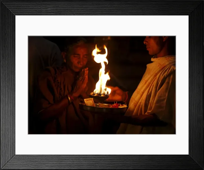 Framed Print : Priest and devotee performing aarti, Haridwar, Uttarakhand, India, Asia