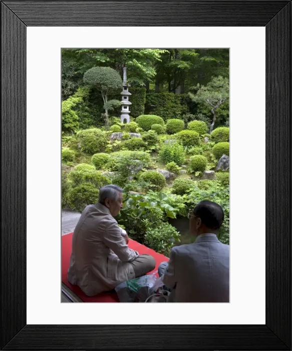Framed Print : Visitors relaxing at a Zen meditation garden at Sanzenin Temple in Ohara Framed Print : Visitors relaxing at a Zen meditation garden at Sanzenin Temple in Ohara