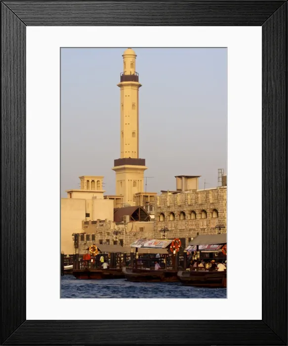 Framed Print : View of the Creek of Dubai and the great mosque, Dubai, United Arab Emirates, Middle East Framed Print : View of the Creek of Dubai and the great mosque, Dubai, United Arab Emirates, Middle East