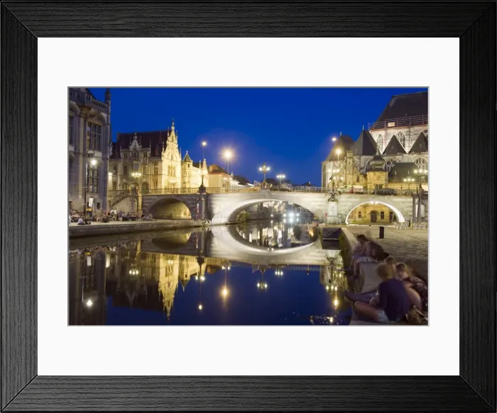 Framed Print : Reflection of arched bridge and waterfront town houses, Ghent, Flanders, Belgium, Europe Framed Print : Reflection of arched bridge and waterfront town houses, Ghent, Flanders, Belgium, Europe