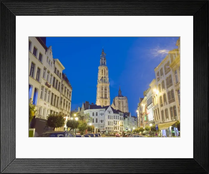 Framed Print : Tower of Onze Lieve Vrouwekathedraal and street illuminated at night, Antwerp Framed Print : Tower of Onze Lieve Vrouwekathedraal and street illuminated at night, Antwerp
