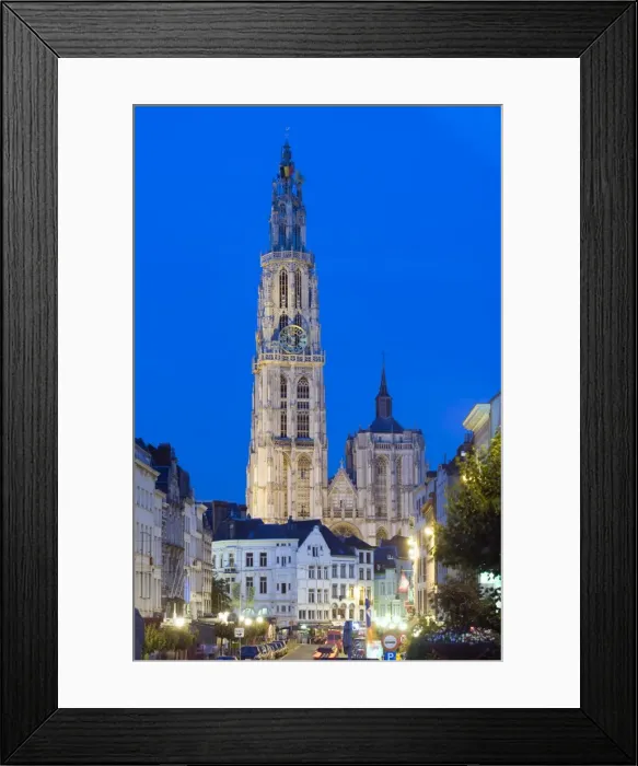 Framed Print : Tower of Onze Lieve Vrouwekathedraal illuminated at night, Antwerp, Flanders Framed Print : Tower of Onze Lieve Vrouwekathedraal illuminated at night, Antwerp, Flanders