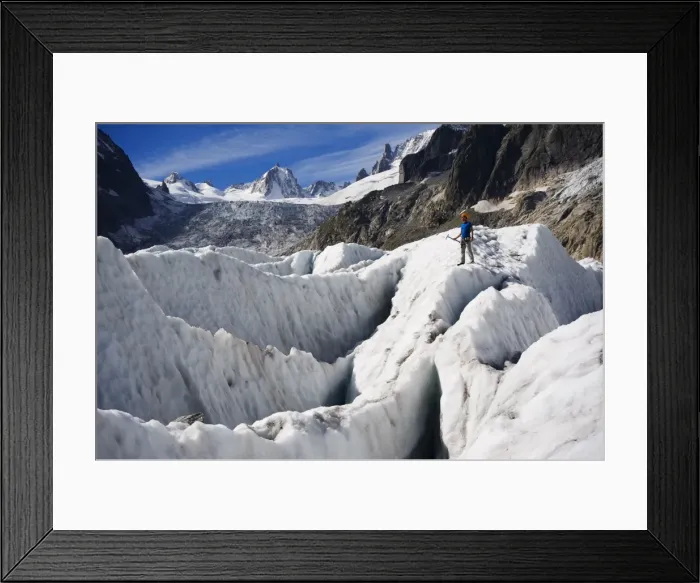 Framed Print : Aclimber in a crevasse field on Mer de Glace glacier, Mont Blanc range Framed Print : Aclimber in a crevasse field on Mer de Glace glacier, Mont Blanc range