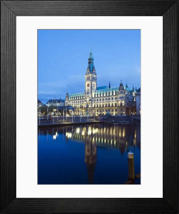 Framed Print : Rathaus (City Hall) illuminated at night reflected in a canal, Hamburg, Germany, Europe Framed Print : Rathaus (City Hall) illuminated at night reflected in a canal, Hamburg, Germany, Europe