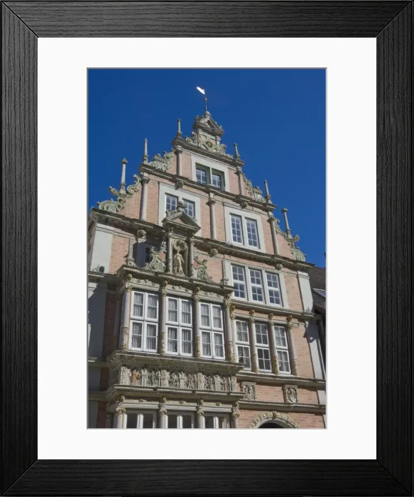 Framed Print : Baroque influence in a gable in Hamelin, Lower Saxony, Germany, Europe Framed Print : Baroque influence in a gable in Hamelin, Lower Saxony, Germany, Europe