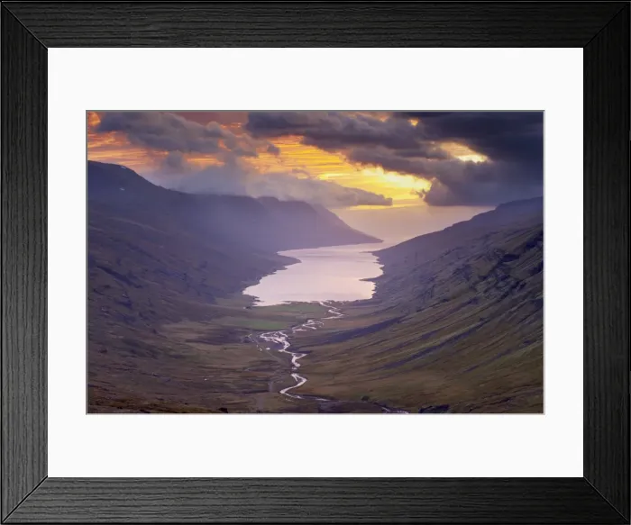 Framed Print : Sunset over Fjardardalur valley and Mjoifjordur fjord, East Fjords region (Austurland) Framed Print : Sunset over Fjardardalur valley and Mjoifjordur fjord, East Fjords region (Austurland)