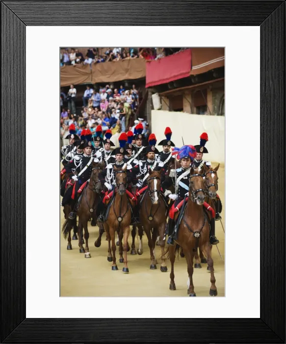 Framed Print : Horses and guards parading at El Palio horse race festival, Piazza del Campo Framed Print : Horses and guards parading at El Palio horse race festival, Piazza del Campo