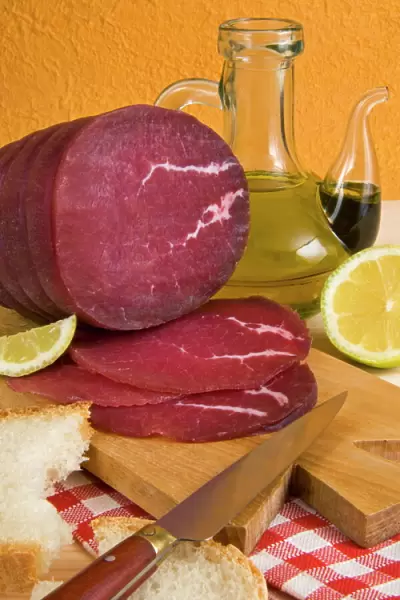 Bresaola, air-dried salted beef, Valtellina, Val Telline, Lombardy, Italy, Europe
