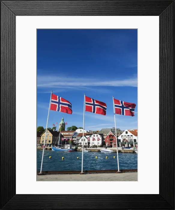 Framed Print : Norwegian flags and historic harbour warehouses, Stavanger, Norway, Scandinavia, Europe Framed Print : Norwegian flags and historic harbour warehouses, Stavanger, Norway, Scandinavia, Europe