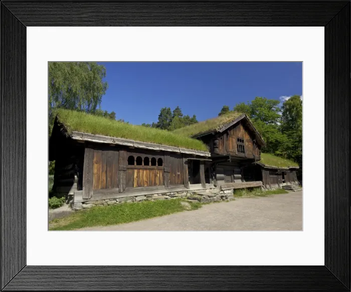 Framed Print : Wooden farm buildings, Norsk Folkemuseum (Folk Museum), in summer sunshine Framed Print : Wooden farm buildings, Norsk Folkemuseum (Folk Museum), in summer sunshine
