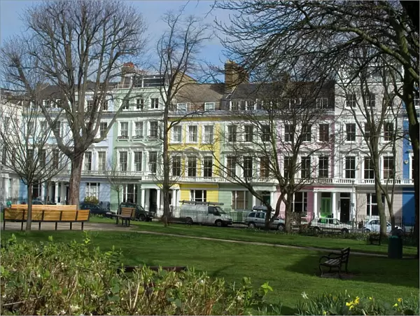 The pastel-coloured houses of Chalcot Square, near Primrose Hill, London