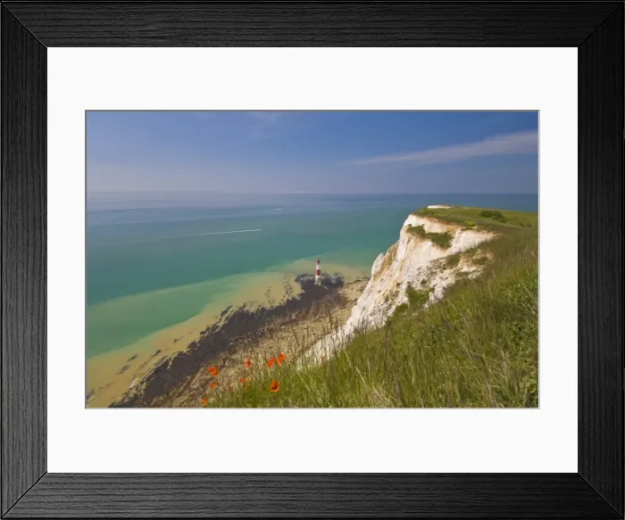 Framed Print : Beachy Head lighthouse, white chalk cliffs, poppies and English Channel Framed Print : Beachy Head lighthouse, white chalk cliffs, poppies and English Channel