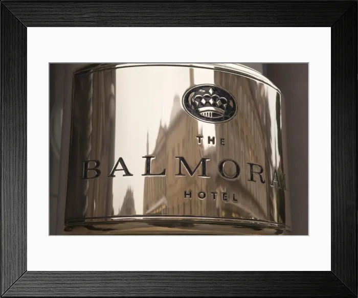Framed Print : Buildings reflected in the Balmoral Hotels name plate, Princes Street Framed Print : Buildings reflected in the Balmoral Hotels name plate, Princes Street