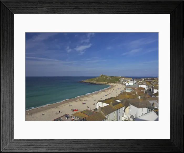 Framed Print : View of Porthmeor beach in summer from Tate Gallery, St. Ives, Cornwall