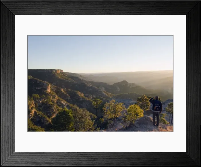 Framed Print : Hiker viewing sunrise in Barranca del Cobre (Copper Canyon), Chihuahua state Framed Print : Hiker viewing sunrise in Barranca del Cobre (Copper Canyon), Chihuahua state