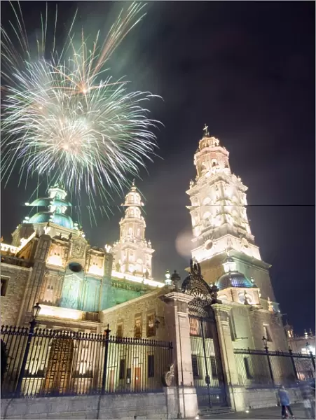 Firework display over the Cathedral, Morelia, UNESCO World Heritage Site