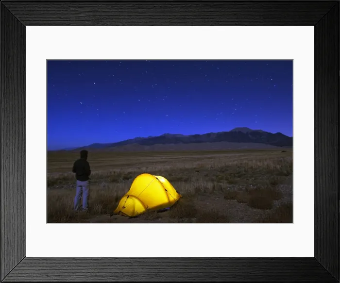 Framed Print : Hiker and tent illuminated under the night sky, Great Sand Dunes National Park Framed Print : Hiker and tent illuminated under the night sky, Great Sand Dunes National Park