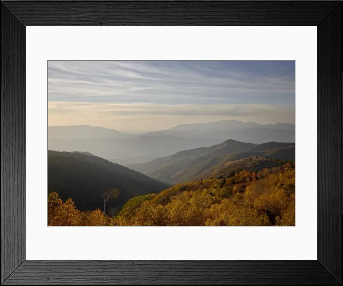 Framed Print : Yellow and orange aspens and mountain layers in the evening, Manti-La Sal National Forest Framed Print : Yellow and orange aspens and mountain layers in the evening, Manti-La Sal National Forest