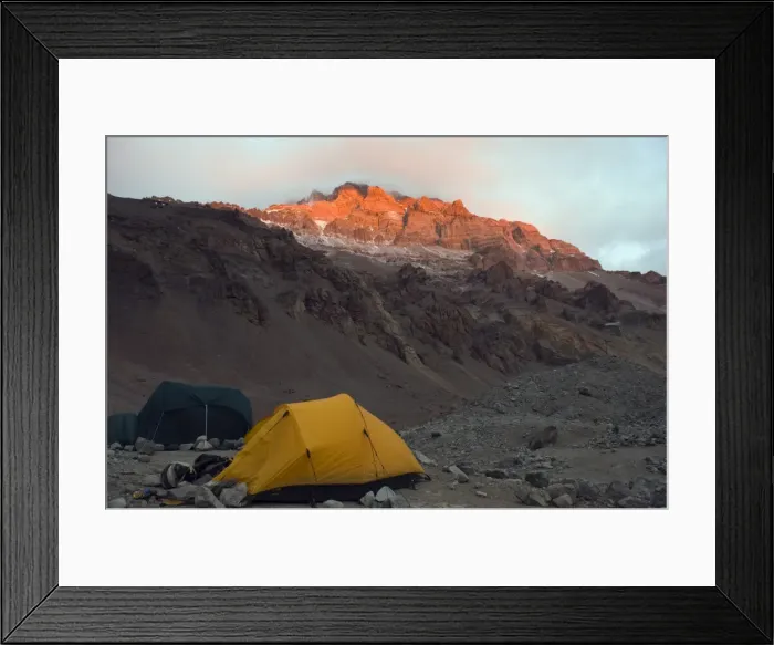 Framed Print : Tents at Plaza de Mulas base camp, with sunset on Aconcagua 6962m, highest peak in South America Framed Print : Tents at Plaza de Mulas base camp, with sunset on Aconcagua 6962m, highest peak in South America