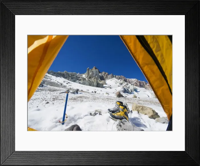 Framed Print : Looking out of a tent at White Rocks campsite, Piedras Blancas, 6200m, Aconcagua 6962m Framed Print : Looking out of a tent at White Rocks campsite, Piedras Blancas, 6200m, Aconcagua 6962m