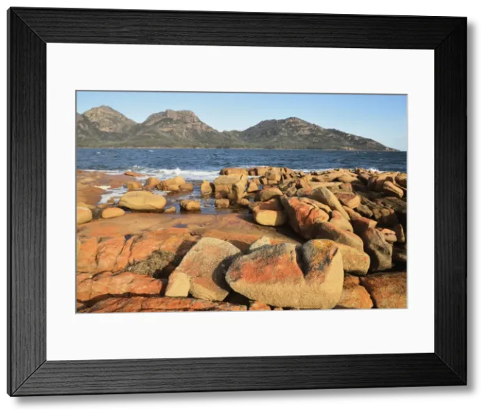Framed Print : Red lichen on rocks, The Hazards and Coles Bay, Freycinet National Park Framed Print : Red lichen on rocks, The Hazards and Coles Bay, Freycinet National Park