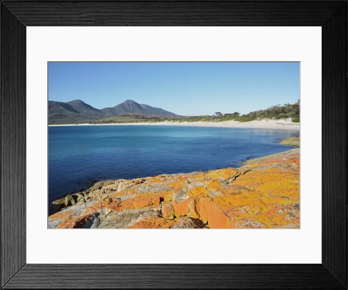 Framed Print : Red lichen on rocks, Wineglass Bay, Freycinet National Park, Freycinet Peninsula
