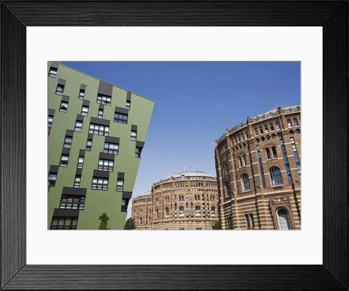 Framed Print : Green residential apartments and converted gasometers, Gasometer City, Simmering Framed Print : Green residential apartments and converted gasometers, Gasometer City, Simmering