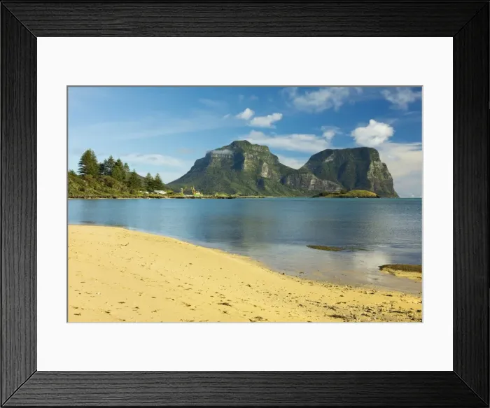 Framed Print : Old Settlement Bay and Mount Lidgbird on left and Mount Gower by the lagoon with the worlds most southerly coral reef, volcanic island in the Tasman Sea, Lord Howe Island, UNESCO World Heritage Site, New South Wales Framed Print : Old Settlement Bay and Mount Lidgbird on left and Mount Gower by the lagoon with the worlds most southerly coral reef, volcanic island in the Tasman Sea, Lord Howe Island, UNESCO World Heritage Site, New South Wales