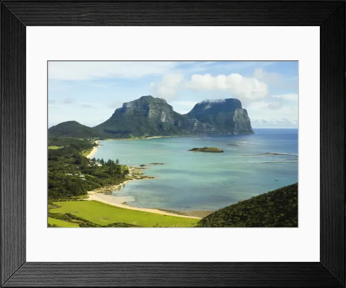 Framed Print : View south from Kims Lookout to Mount Lidgbird on the left and Mount Gower by the lagoon with the worlds most southerly coral reef, on this 10km long volcanic island in the Tasman Sea, Lord Howe Island, UNESCO World Heritage Site Framed Print : View south from Kims Lookout to Mount Lidgbird on the left and Mount Gower by the lagoon with the worlds most southerly coral reef, on this 10km long volcanic island in the Tasman Sea, Lord Howe Island, UNESCO World Heritage Site