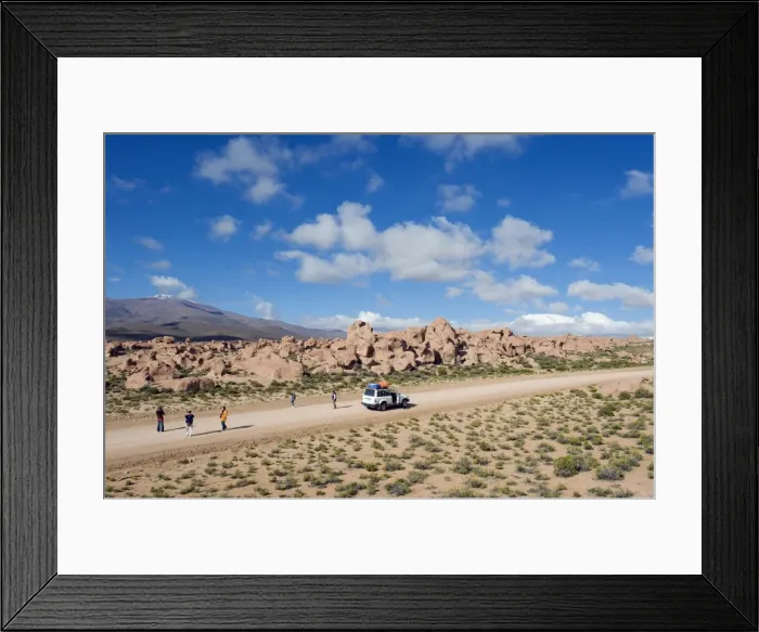 Framed Print : Tourists visiting rock formations in the altiplano desert, Bolivia, South America Framed Print : Tourists visiting rock formations in the altiplano desert, Bolivia, South America