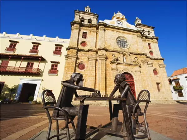 Metal scultpures playing chess in front of Church of San Pedro Claver, Old Town