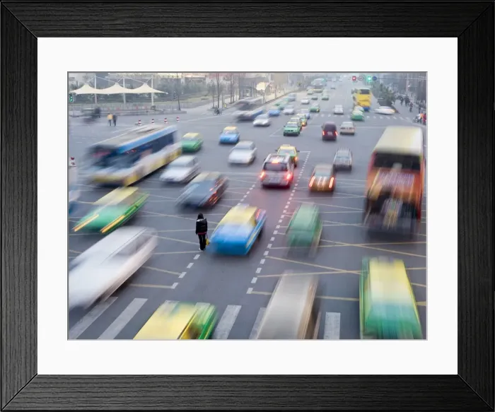 Framed Print : Overhead view of morning commute traffic on a busy Chinese city street with pedestrians Framed Print : Overhead view of morning commute traffic on a busy Chinese city street with pedestrians