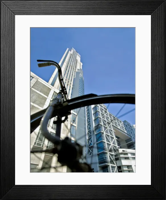 Framed Print : Bicycle parked in front of the modern architecture of the Shanghai Stock Exchange in the Pudong Lujiazui Financial District, Shanghai Framed Print : Bicycle parked in front of the modern architecture of the Shanghai Stock Exchange in the Pudong Lujiazui Financial District, Shanghai