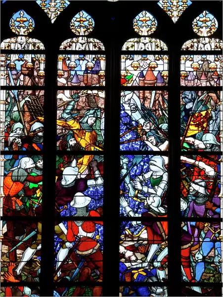 Stained glass of Joan of Arc in Sainte-Croix cathedral, Orleans, Loiret, France, Europe