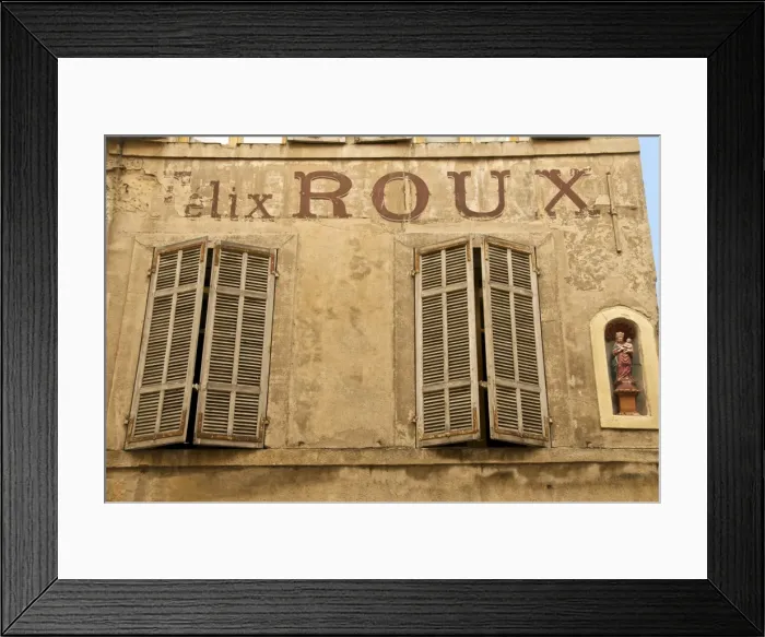 Framed Print : Large painted letters on ancient wall, with statue of the Virgin, and wood shutters
