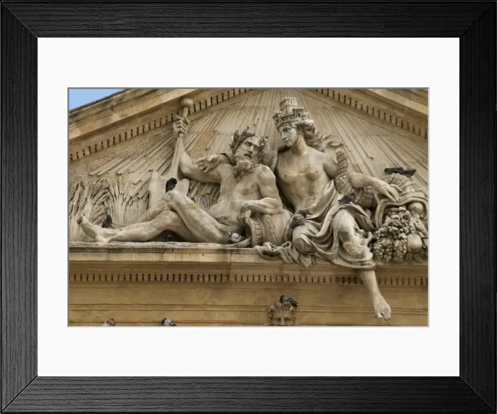 Framed Print : Pediment, ancient Grain Market hall, with statues representing Rhone and Durance rivers Framed Print : Pediment, ancient Grain Market hall, with statues representing Rhone and Durance rivers
