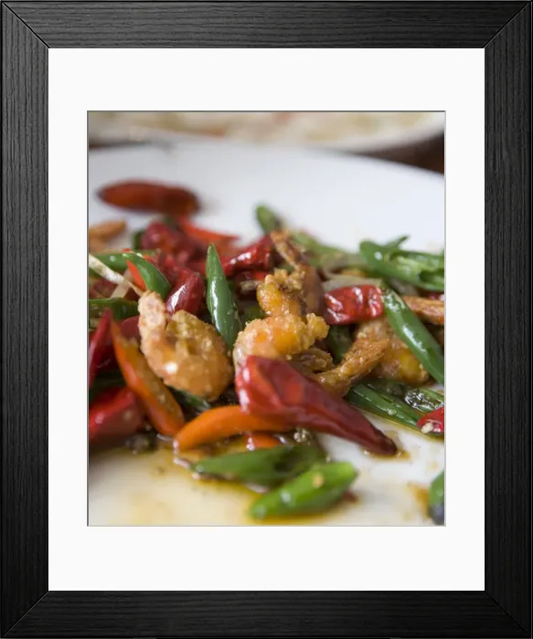 Framed Print : Colorful and spicy Sichuan cuisine shrimp dish uses both red and green chili peppers Framed Print : Colorful and spicy Sichuan cuisine shrimp dish uses both red and green chili peppers