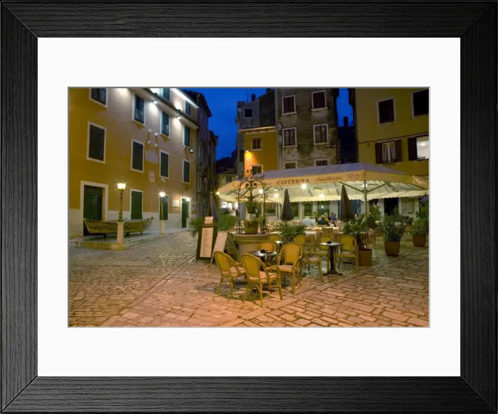 Framed Print : Terrace of attractive trattoria in the old town at dusk, Rovinj (Rovigno) Framed Print : Terrace of attractive trattoria in the old town at dusk, Rovinj (Rovigno)