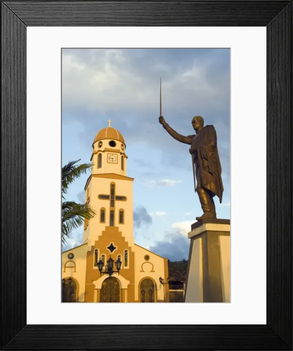 Framed Print : Statue and church in town square, Salento, Colombia, South America Framed Print : Statue and church in town square, Salento, Colombia, South America