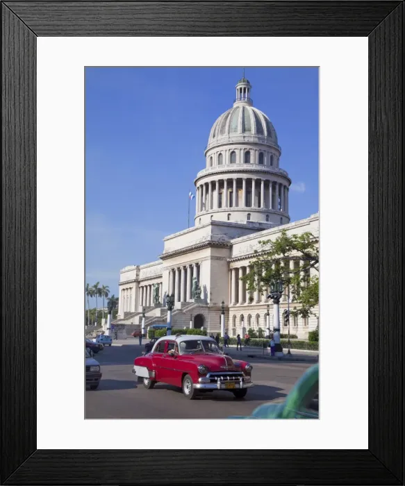 Framed Print : Traditonal old American cars passing the Capitolio building, Havana, Cuba Framed Print : Traditonal old American cars passing the Capitolio building, Havana, Cuba