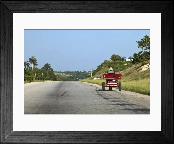 Framed Print : Man driving horse and cart on a wide deserted country road, Cuba, West Indies Framed Print : Man driving horse and cart on a wide deserted country road, Cuba, West Indies