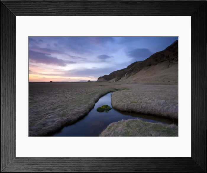 Framed Print : Stream meandering into the distance and reflecting colours in the twilight sky Framed Print : Stream meandering into the distance and reflecting colours in the twilight sky